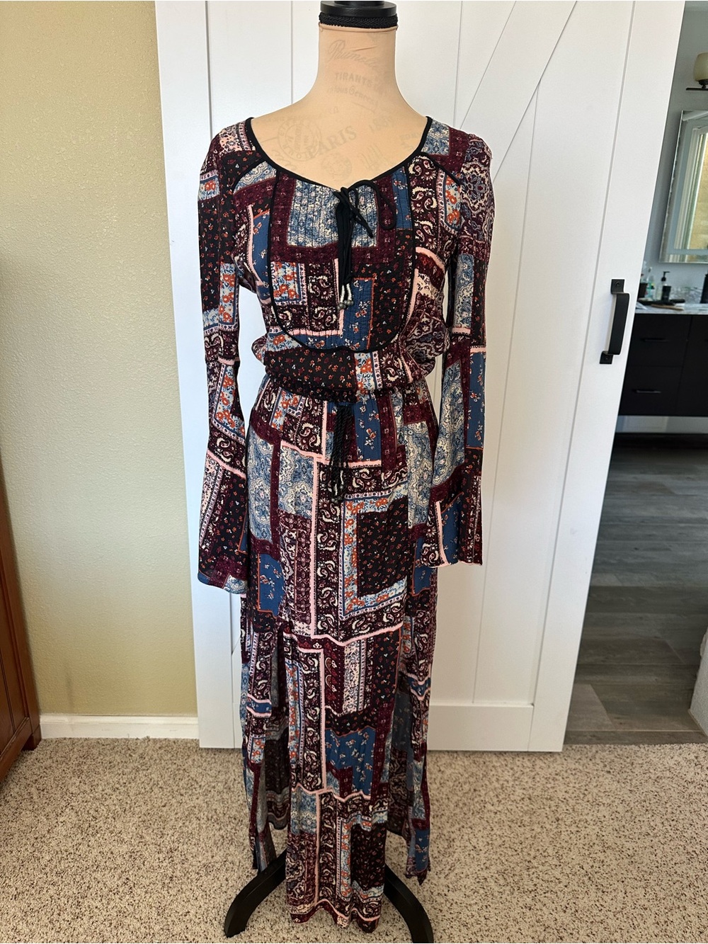 American Eagle Outfitters Burgundy & Blue Patchwork Maxi Dress